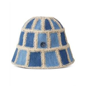 NEW MAISON MICHEL pablo denim patchwork crochet hat in blue multi